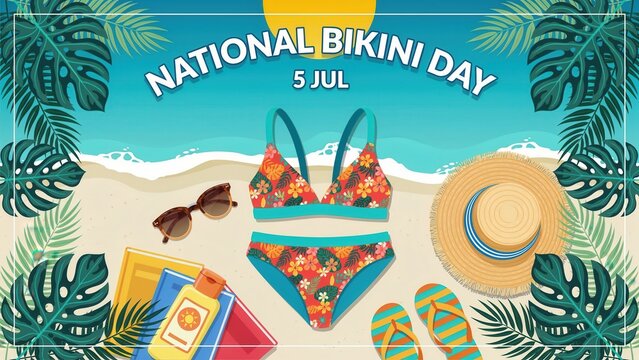 National Bikini Day illustration with beach items on a sandy shore