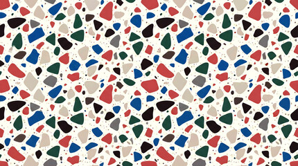 Fototapeta premium Terrazzo pattern design featuring colorful stone chips in blue red green and black colors scattered on a light cream background for modern interior surface decoration