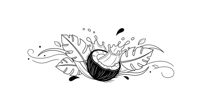 Hand drawn coconut with splashing milk and tropical palm leaves sketch.