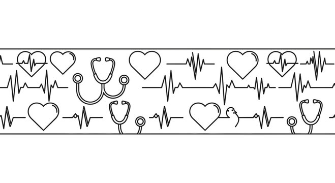 Medical pattern background with heart rhythms and stethoscopes.