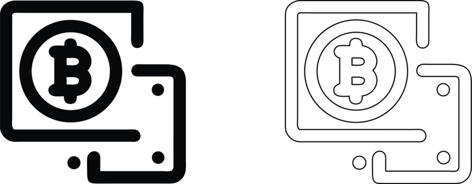 Bitcoin cryptocurrency wallet featuring a digital coin symbol, in solid black silhouette and thin line outline