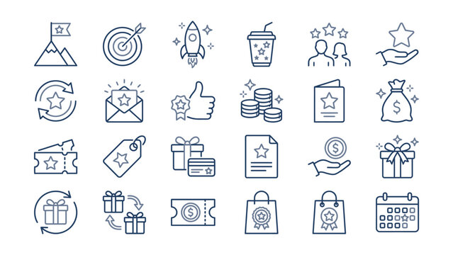 Loyalty program reward and bonus achievement modern outline icon set for customer shopping experience and business marketing strategy