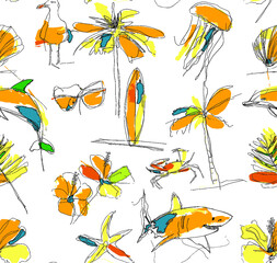 Obraz premium Tropical beach doodles with palm trees surfboards marine life and sunglasses on white background