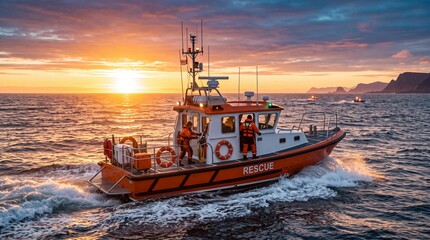 Fototapeta premium Maritime Rescue Boat at Sunrise