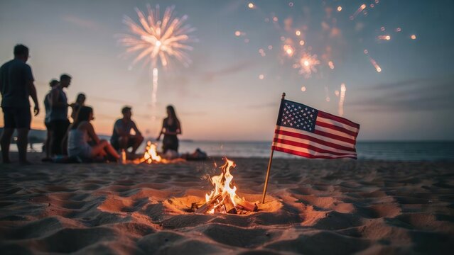 Group of friends celebrating July 4th with bonfire and fireworks on a beach with American flag