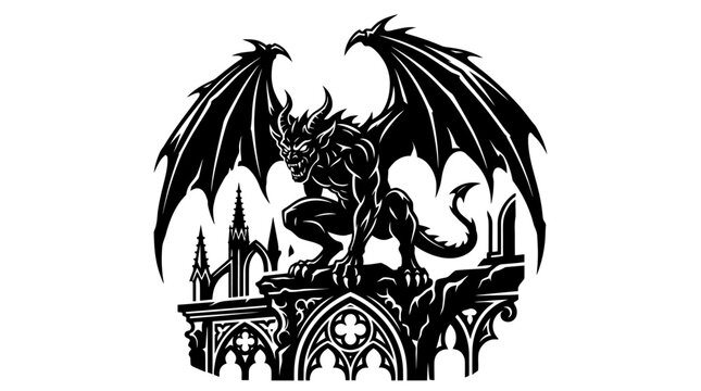 Gargoyle perched on gothic architecture with wings spread wide.