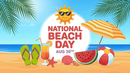 National Beach Day August 30th celebration with tropical beach vacation elements illustration.