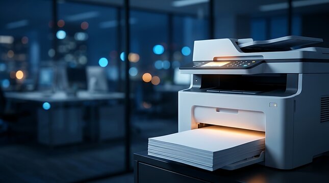 Close-up of modern office printer machine loaded with white paper, ready for printing documents in dimly lit modern office environment with bokeh background lights.
