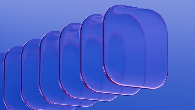 Abstract blue glass squares with rounded corners. Neon light. Modern wallpaper 3D Illustration