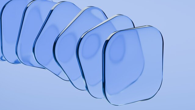 Abstract blue glass squares with rounded corners. Neon light. Modern wallpaper 3D Illustration