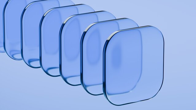 Abstract blue glass squares with rounded corners. Neon light. Modern wallpaper 3D Illustration