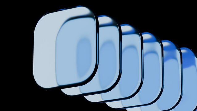 Abstract blue glass squares with rounded corners. Neon light. Modern wallpaper 3D Illustration