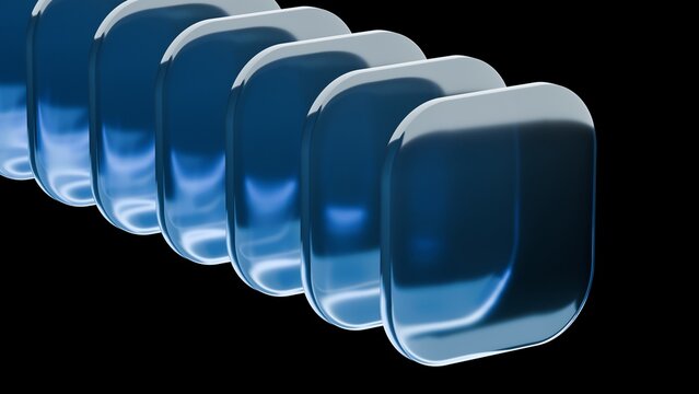 Abstract blue glass squares with rounded corners. Neon light. Modern wallpaper 3D Illustration