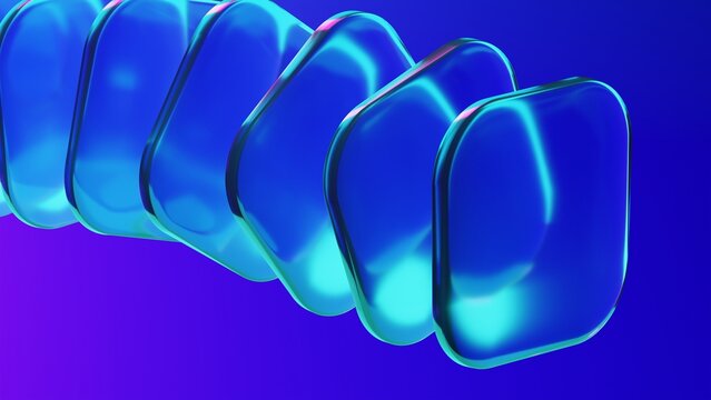 Abstract blue glass squares with rounded corners. Neon light. Modern wallpaper 3D Illustration