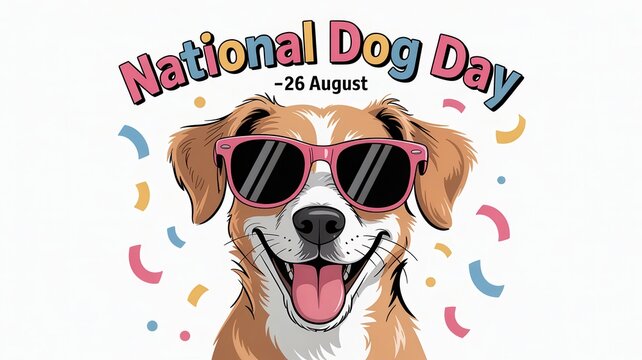 Happy cartoon dog wearing pink sunglasses for National Dog Day on August 26 with confetti, isolated on white background