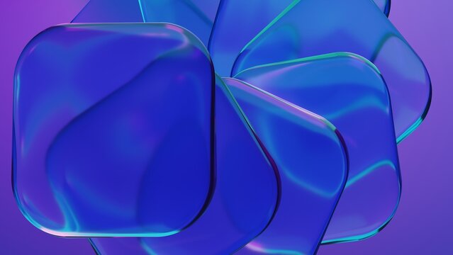 Abstract blue glass squares with rounded corners. Neon light. Modern wallpaper 3D Illustration