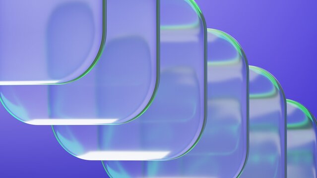 Abstract blue glass squares with rounded corners. Neon light. Modern wallpaper 3D Illustration