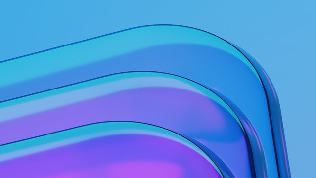 Abstract blue glass squares with rounded corners. Neon light. Modern wallpaper 3D Illustration