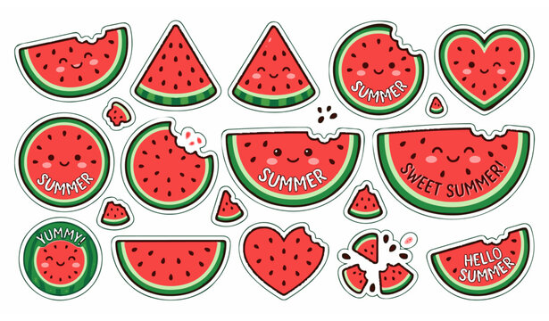 Cute watermelon sticker set vector illustration heart shape and bite mark fruit slices summer food design isolated on white background