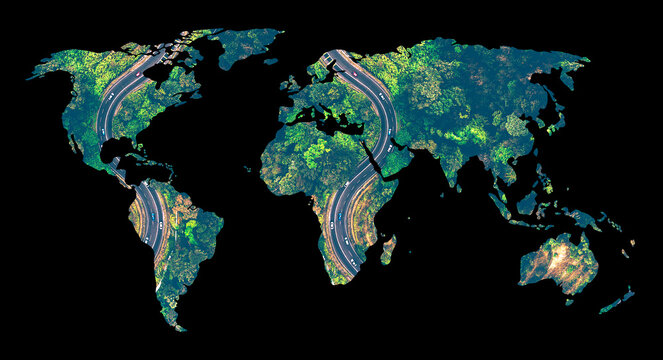 World map silhouette with winding asphalt road and green forest texture, global transportation and logistics concept, isolated on black background