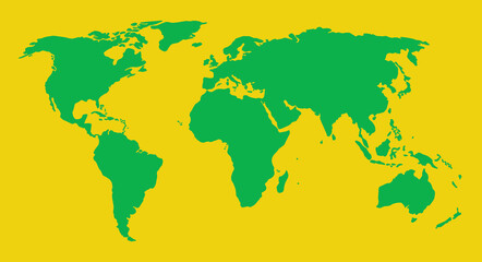 Obraz premium Minimalist world map silhouette, green continental landmass on yellow background, simple global geography graphic for educational presentation
