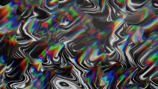 Holographic glitch texture background, abstract iridescent metallic foil waves, chromatic aberration pattern for modern graphic design