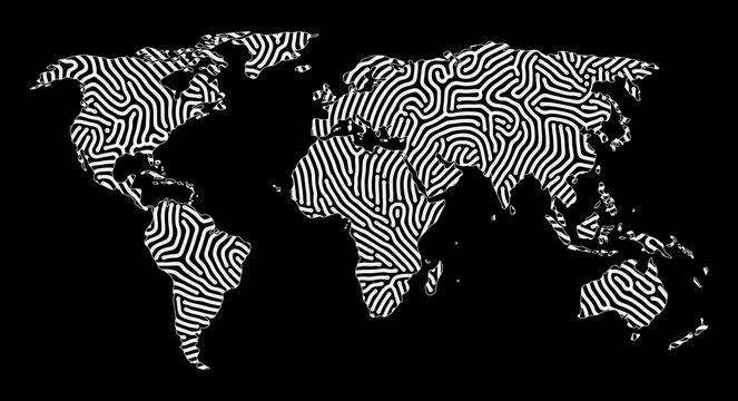 Abstract world map with turing pattern, monochrome global map with organic maze lines, modern geographic concept for technology and science design