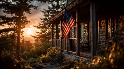 Fototapeta premium American flag flying from a house porch at sunset, golden hour lighting, patriotic home exterior, national holiday celebration, setting sun is positioned behind the flag, creating