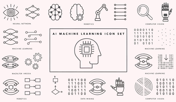 Artificial intelligence and machine learning icon set featuring detailed line art symbols for neural networks robotics computer vision data mining and binary code patterns