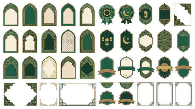 Collection of islamic architectural window and door designs with badges and emblems