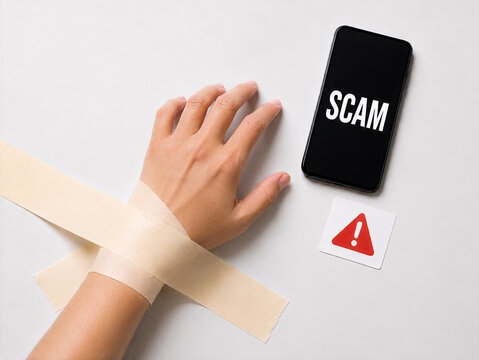 Hand Restrained From Using a Smartphone With Scam Alert