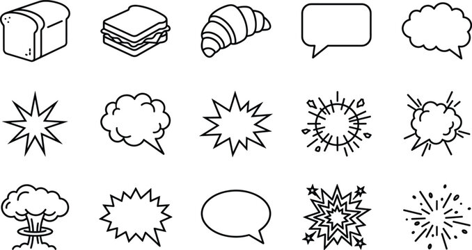 Hand drawn outline icon collection featuring food speech bubbles comic explosions and graphic symbols vector illustration isolated on white background