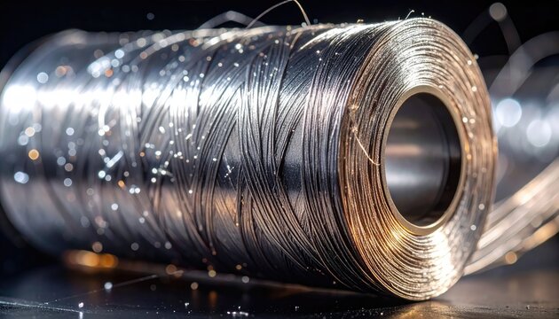 Closeup of shiny metal wire spool with sparks and reflections