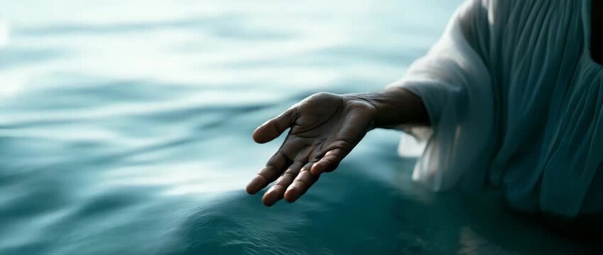Jesus Christ reaching out to offer assistance while on the sea. idea of God's hand and Jesus as the Savior. 