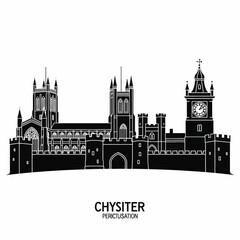 Obraz premium Black and white silhouette of Chester city skyline featuring the Cathedral, city walls, and Eastgate Clock tower against a white background for travel and architectural design.