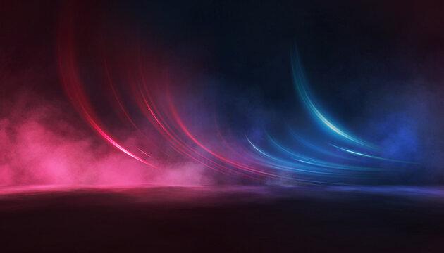 Glowing Neon Curved Lines with Pink Blue Smoke, Abstract Dark Background