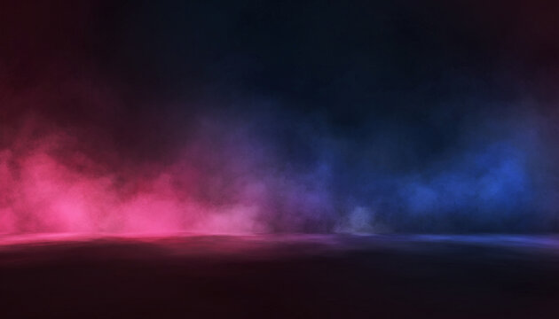 Dark Empty Stage with Pink and Blue Neon Smoke, Abstract Night Background