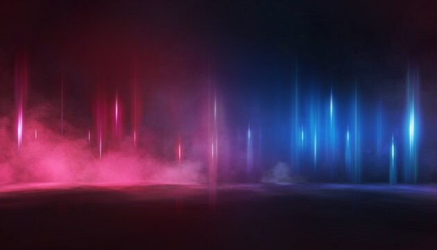  Dark Stage with Pink Blue Neon Spotlights and Fog, Abstract Concert Background