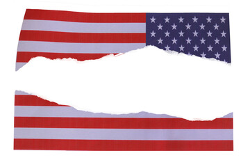 Fototapeta premium Crumpled american flag with rough torn edges isolated on a bright white background for design