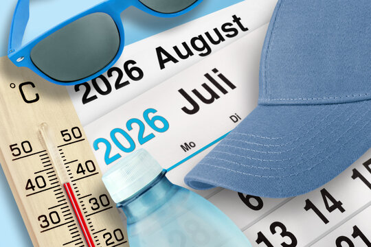 Deutscher Kalender Sommer 2026 Juli  August mit Thermometer 40 Grad Celsius und Wasserflasche mit Sonnenbrille