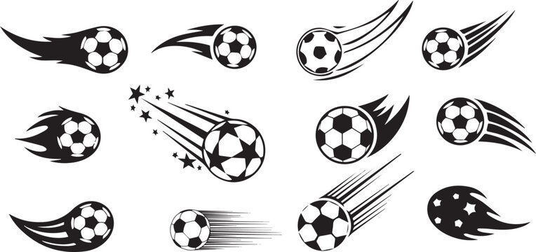 Set of flying black and white soccer balls with motion speed trails, flames, and stars vector icons isolated on a white background