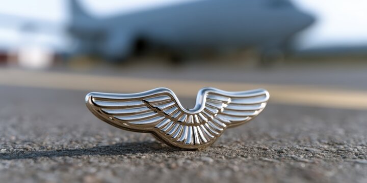 aviation achievement, well-liked airplane pilot wings badge with metallic reflections and a blurred runway, symbolizing premium aviation success