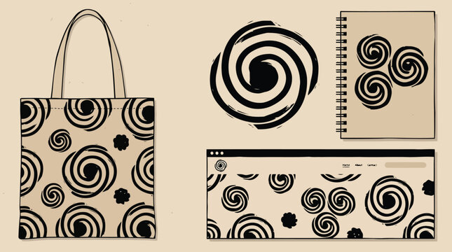 Black and beige swirl pattern designs on tote bag notebook and wrapping paper