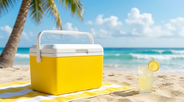 Bright yellow cooler box and refreshing lemonade on striped beach towel on sandy beach with palm tree and turquoise ocean waves on sunny summer day vacation.