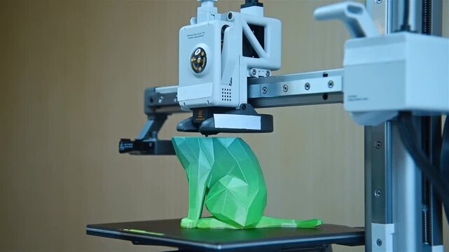 3D printer creating a green geometric cat figurine. Additive manufacturing process for rapid prototyping. Modern industrial technology and digital fabrication concept.
