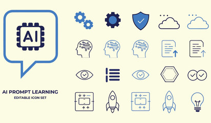 Fototapeta premium prompt learning and artificial intelligence icon set with brain and chip symbols in blue line art style for modern tech education and machine learning software interface