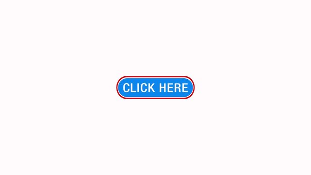 Click here button with mouse cursor pointer press animation on white background. Mouse cursor clicking click here button loop animation for web ui interaction and call to action concepts