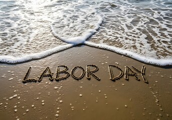 Labor day written in the sand on a beach with ocean waves