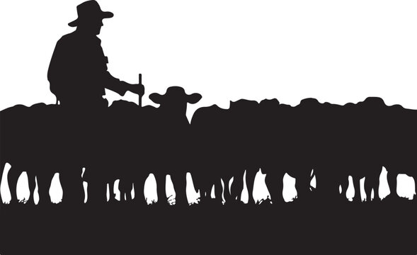 Silhouette of a cowboy herding sheep, black on white