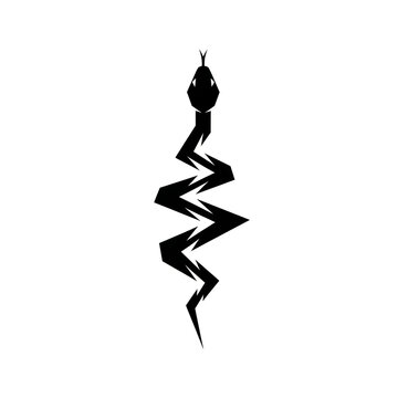 Black Silhouette of Decorative Zigzag Serpent in Ornamental Design, Stylized Angular Snake Pattern Art, Gothic Tribal Tattoo Vector Illustration Symbol